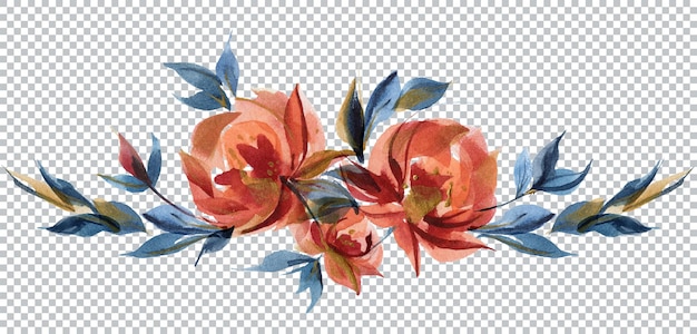 Blue and orange roses floral garland vignette in folk cottege trend. Watercolor composition of traditional folk rose flowers and branches.