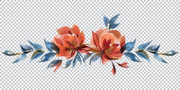 Blue and orange roses floral garland vignette in folk cottege trend. Watercolor composition of traditional folk rose flowers and branches.