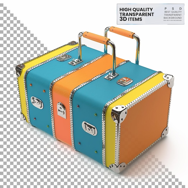 PSD a blue and orange suitcase with a tag that says  high quality  on it