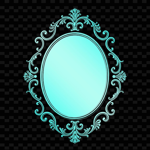 a blue oval mirror with a gold frame and a black background