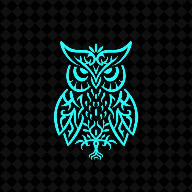 a blue owl on a black background with a pattern of a tree