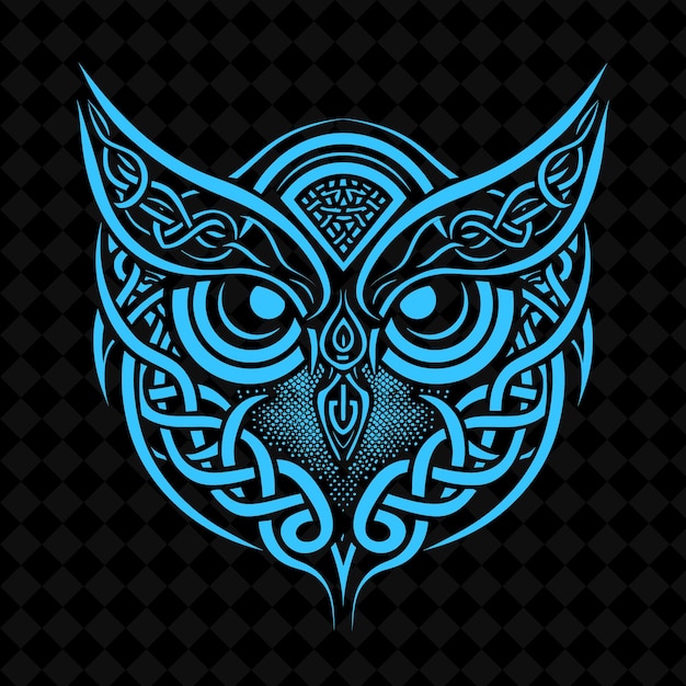 a blue owl with a pattern of patterns on its head