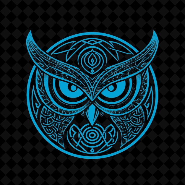 a blue owl with a pattern of a symbol of a owl on a black background