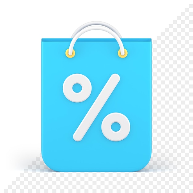 Blue paper shopping bag with sale discount percentage label and handles realistic 3d icon