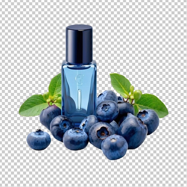 Blue perfume bottle with fresh blueberries