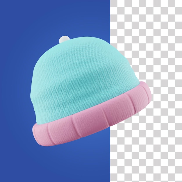 A blue and pink beanie with a white trim and a pink cap on top.