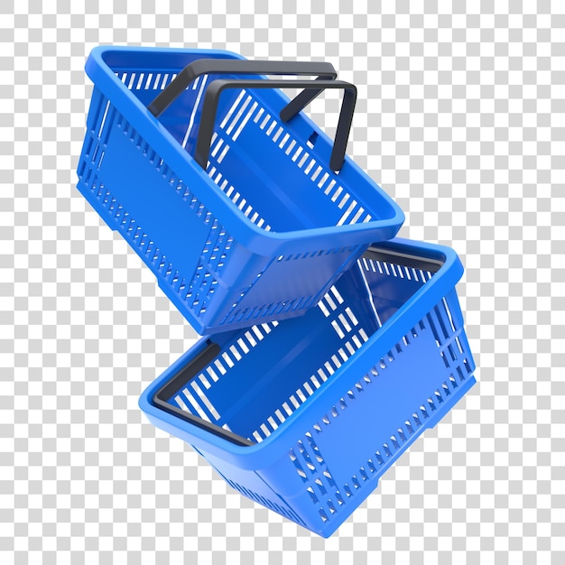 Blue plastic shopping baskets from supermarket on white background Concept of online shopping 3D