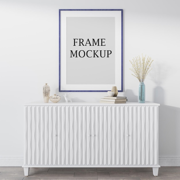 blue poster frame mockup above sideboard