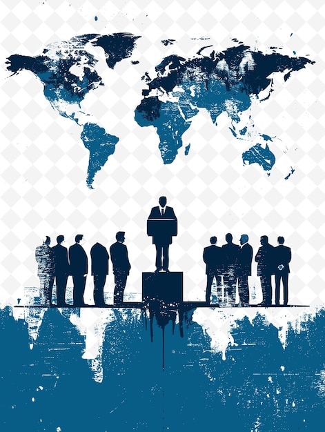 PSD a blue poster with a group of people standing around a podium with a world map on it