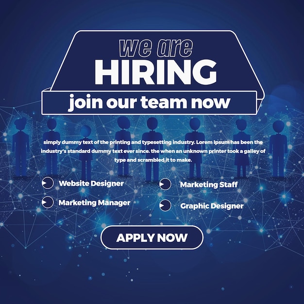 a blue poster with a logo that says we are hiring now now