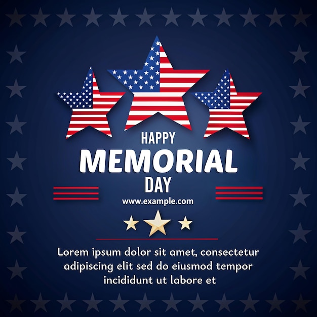 PSD a blue poster with three stars and the words happy memorial day