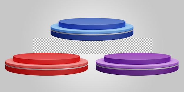 Blue red purple pedestal of platform display on transparent background Blank stage 3D rendering