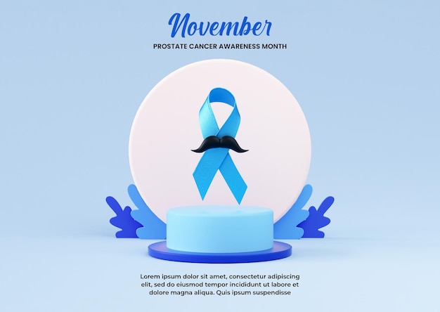 Blue ribbon with moustache for Prostate Cancer Awareness Month banner background in 3D rendering