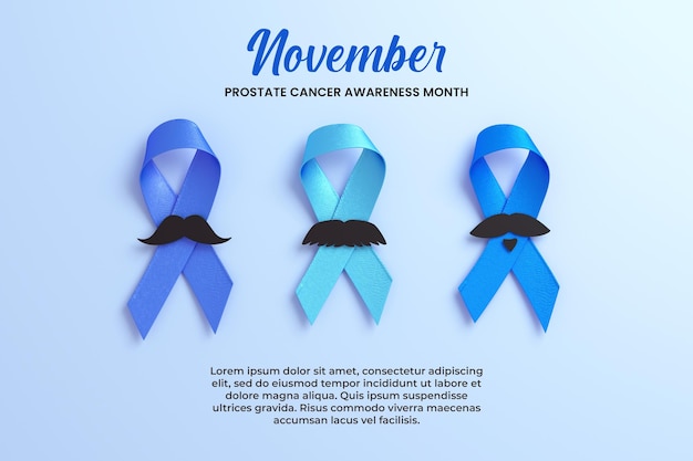 Blue ribbons with moustache for a blue november and Prostate Cancer Awareness Month flyer template