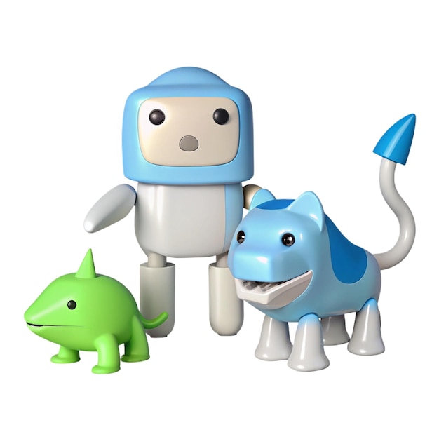 a blue robot with a blue head and a blue robot on the left