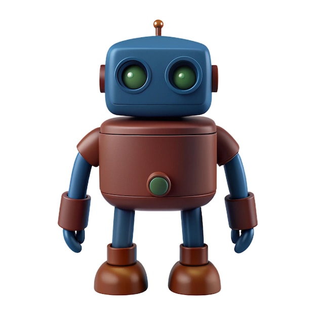 a blue robot with a brown face and brown eyes