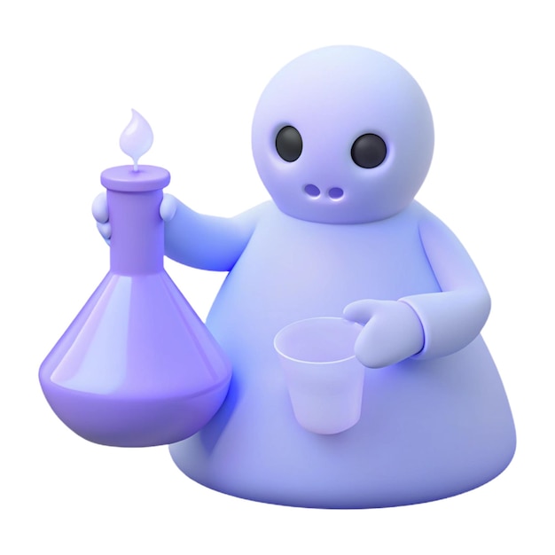 a blue robot with a candle and a cup of tea