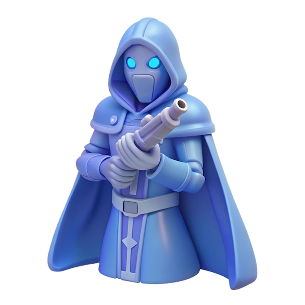 a blue robot with a gun pointing to the right