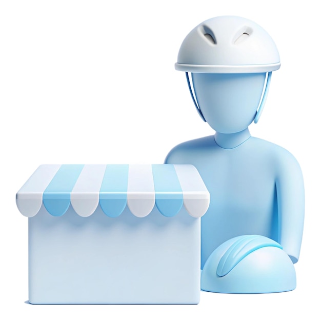 a blue robot with a helmet on sits in front of a white box