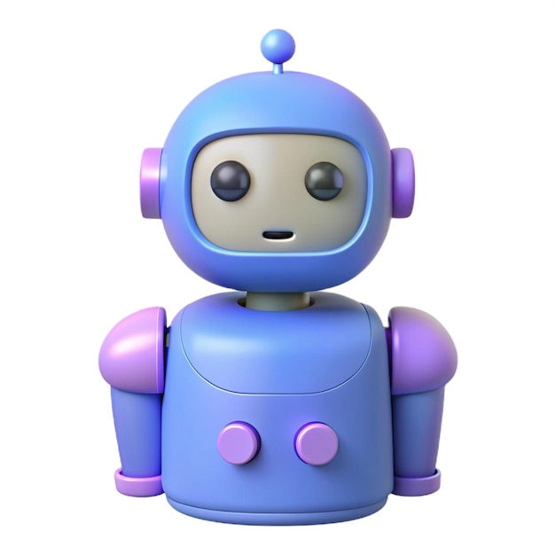 a blue robot with purple eyes and a purple nose