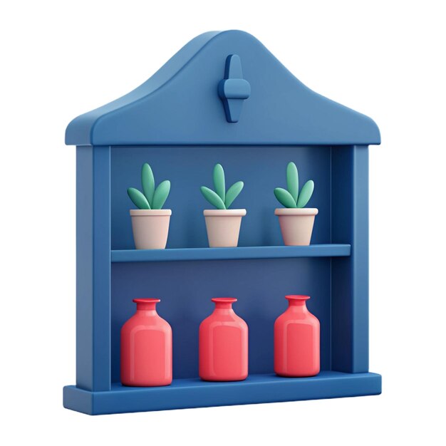 PSD a blue shelf with potted plants and pots with a blue lid