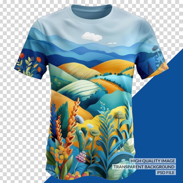 PSD a blue shirt with a picture of a mountain on it