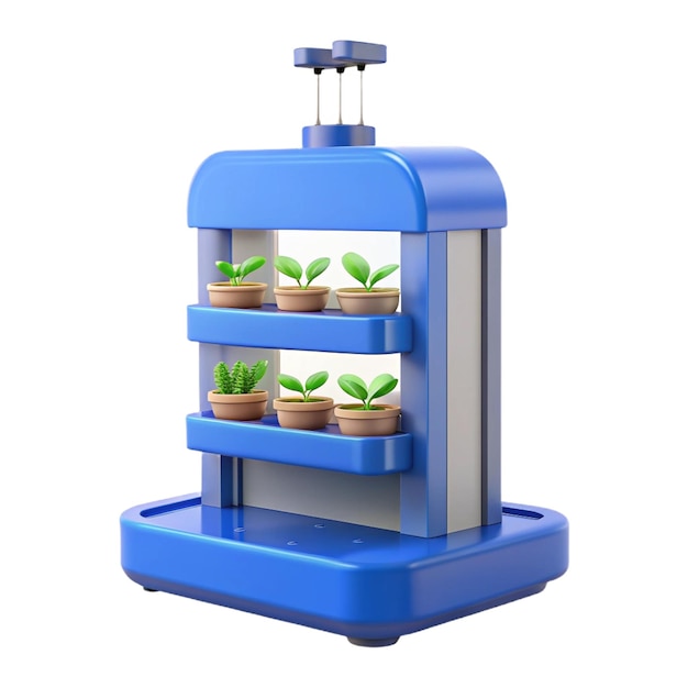 a blue and silver gas pump with plants on top of it