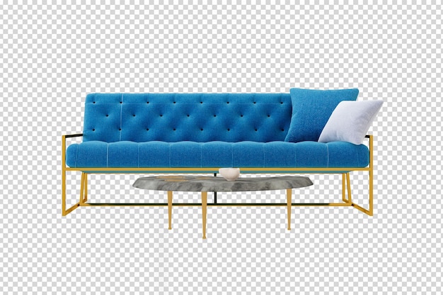 Blue sofa in 3d rendering isolated