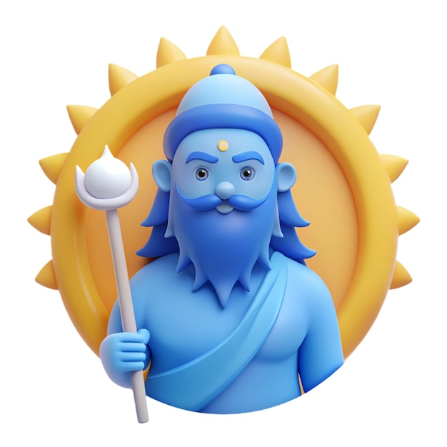 a blue statue of a god with a blue face and a yellow circle with the word god on it