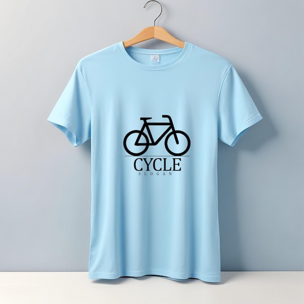 a blue t shirt with a bicycle on it hangs on a hanger