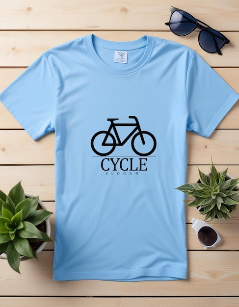 a blue t - shirt with a bicycle on it is displayed on a wooden background