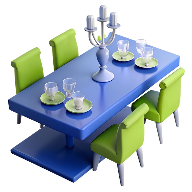 a blue table with green chairs and a blue table with dishes and glasses on it