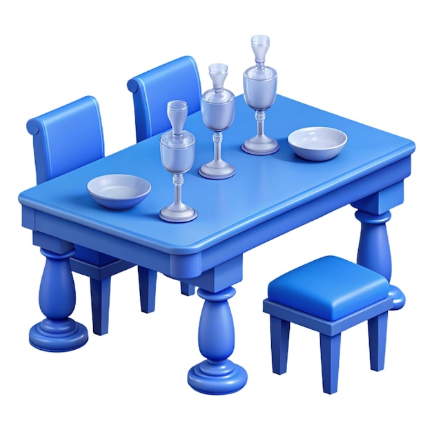 a blue table with three chairs and a plate on it