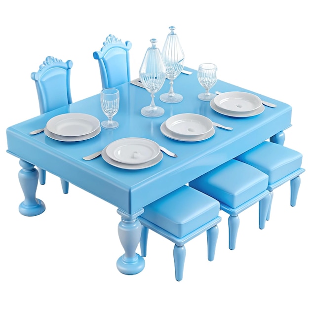 a blue table with white plates and plates on it