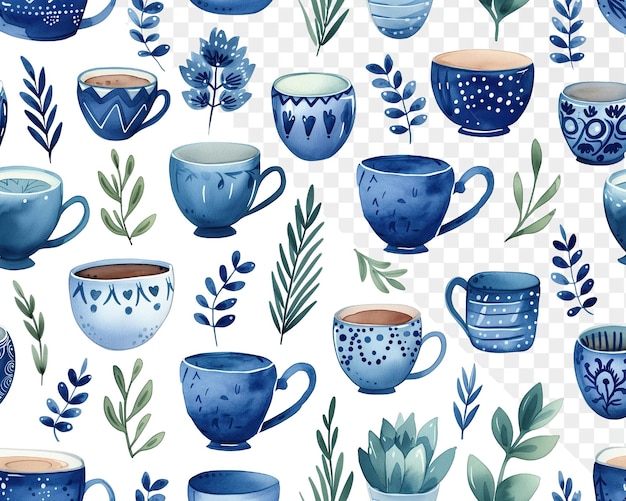 Blue Tea Cup Pattern in Watercolor Cartoon Style