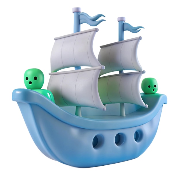 a blue toy boat with three people on it