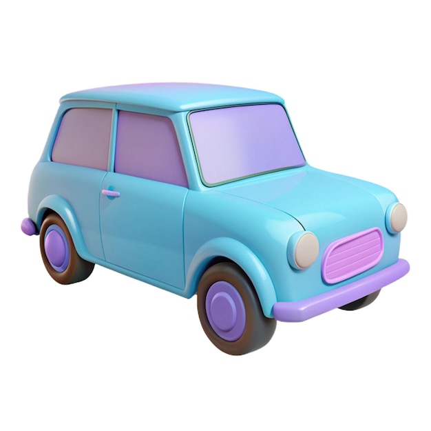 a blue toy car with purple wheels and purple bumpers