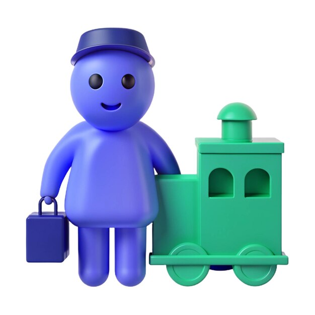 a blue toy figure with a train and a toy train on the front