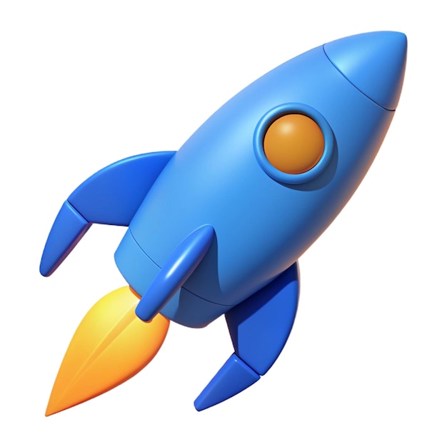 a blue toy rocket with orange and yellow on the bottom