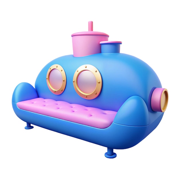 a blue toy with a pink nose and a yellow button on the front