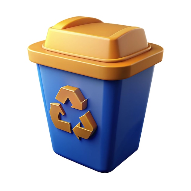 a blue trash can with a yellow recycle logo on it