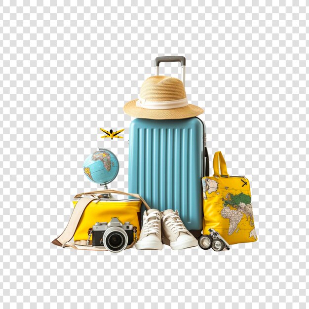 PSD blue travel luggage bag hat map camera shoes airplane globe on a transparent background