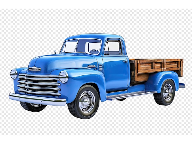 PSD a blue truck with a wooden bed on the front and the front bumper is shown with a white background