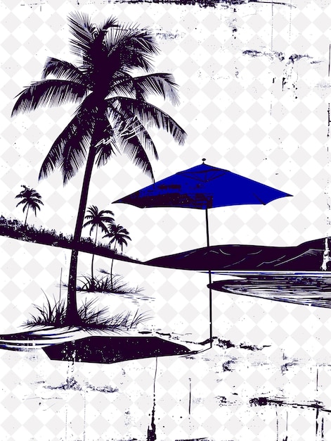 a blue umbrella that is open and has palm trees on it