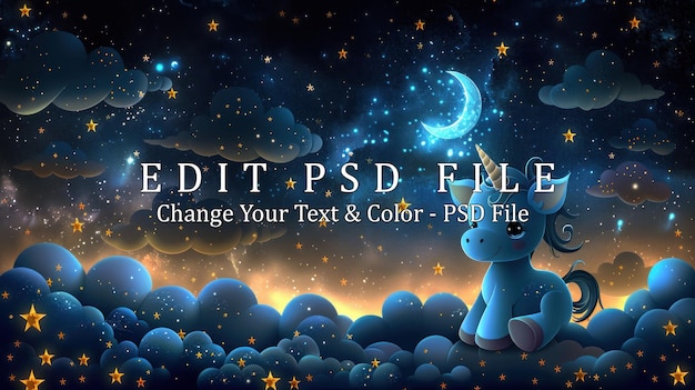 PSD a blue unicorn under a crescent moon