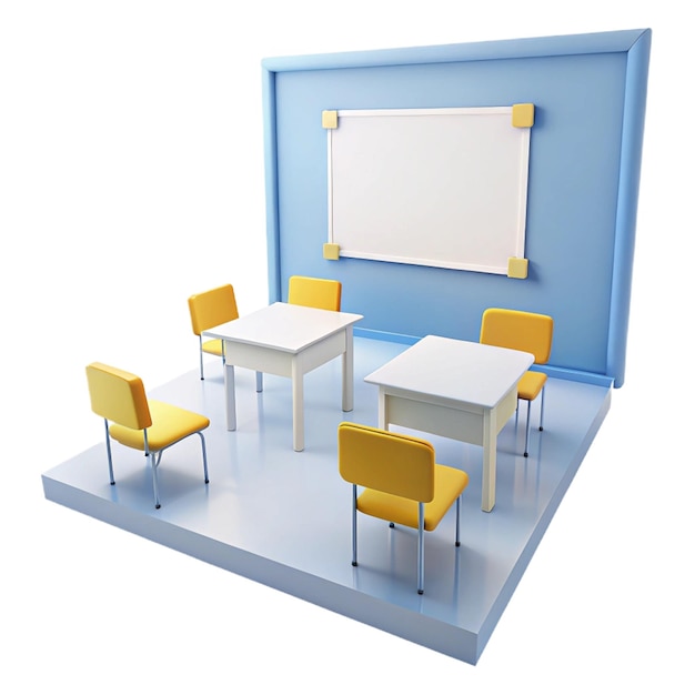 a blue wall with a white board and yellow chairs with a white board on it