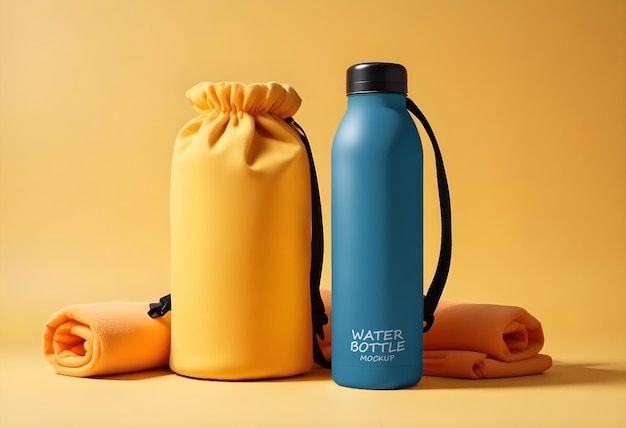 a blue water bottle with a black handle next to a yellow water bottle