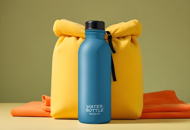 a blue water bottle with a black ribbon tied around it