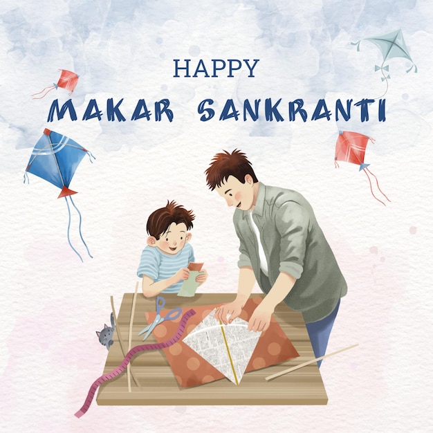 Blue Watercolor Festive Happy Makar Sankranti Greeting Instagram Post