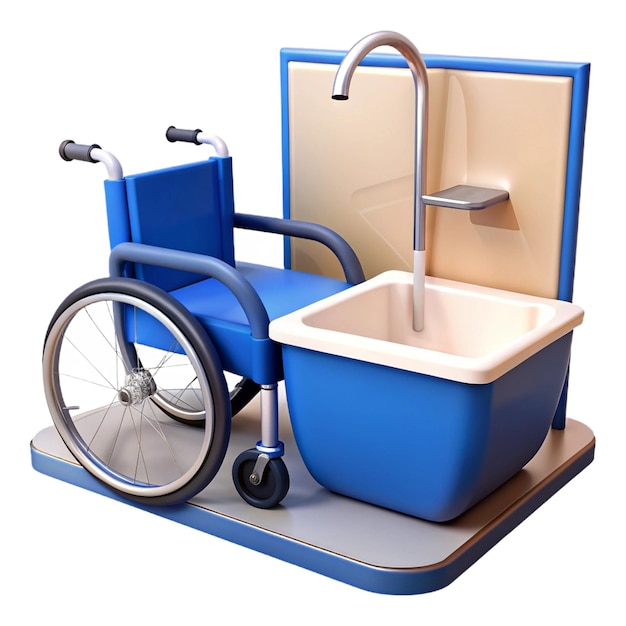 PSD a blue wheelchair with a blue seat and a blue box with a handle